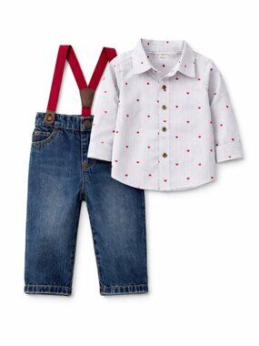 NWT Carter’s 3M Baby Boy Outfit Set  Red Suspenders Denim Jeans & Heart Shirt